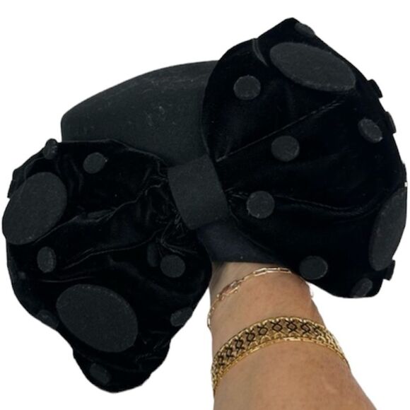 Deborah New York Vintage Womens Wool Polka Dot Bow Cloche Pillbox Hat Black - Picture 1 of 12